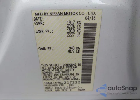 2016 Nissan Altima 2.5 Sl из США, поврежденный, VIN 1N4AL3AP9GC217232